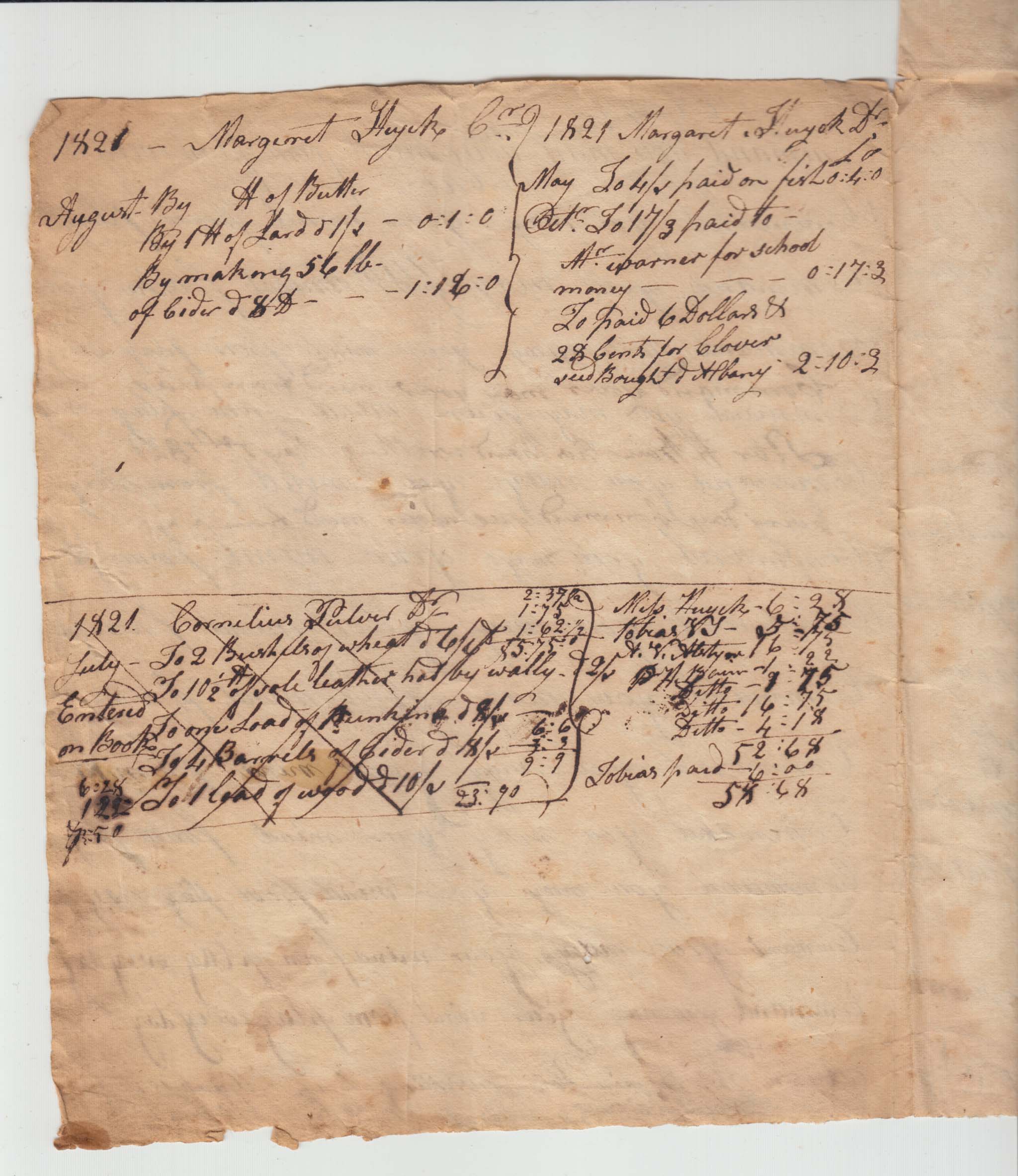 BH106, 1821 Ledger, Christina Huyck's Sole Leather Sales, and Penmanship Practice Sheet of Aaron Bain